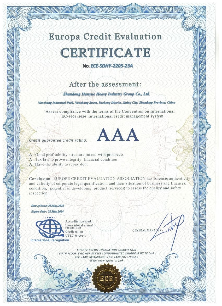 ประเทศจีน Shandong Hanyue Heavy Industry Group Co., Ltd. รับรอง